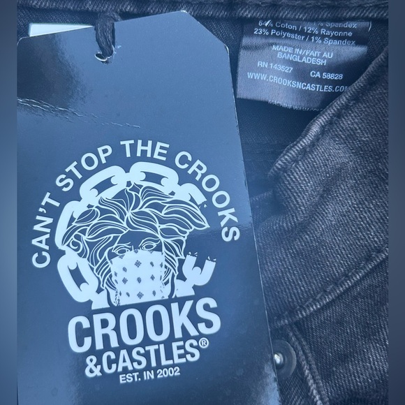 NWT Crooks & Castles Men’s Black Wash Size 33 x 34 Straight Leg Denim Jeans E6 - Picture 8 of 8